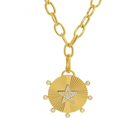 14k yellow gold fluted diamond spiked disk star necklace