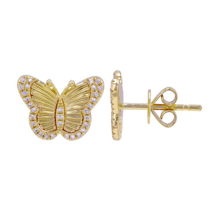 14k yellow gold fluted diamond border butterfly studs