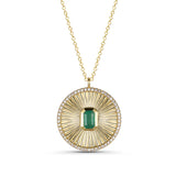 14k yellow gold emerald and diamond fluted disk necklace