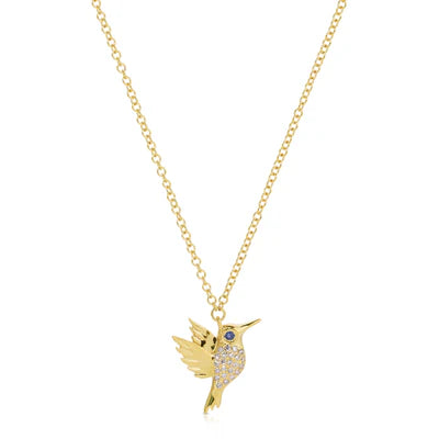 14k yellow gold diamond and blue sapphire hummingbird necklace